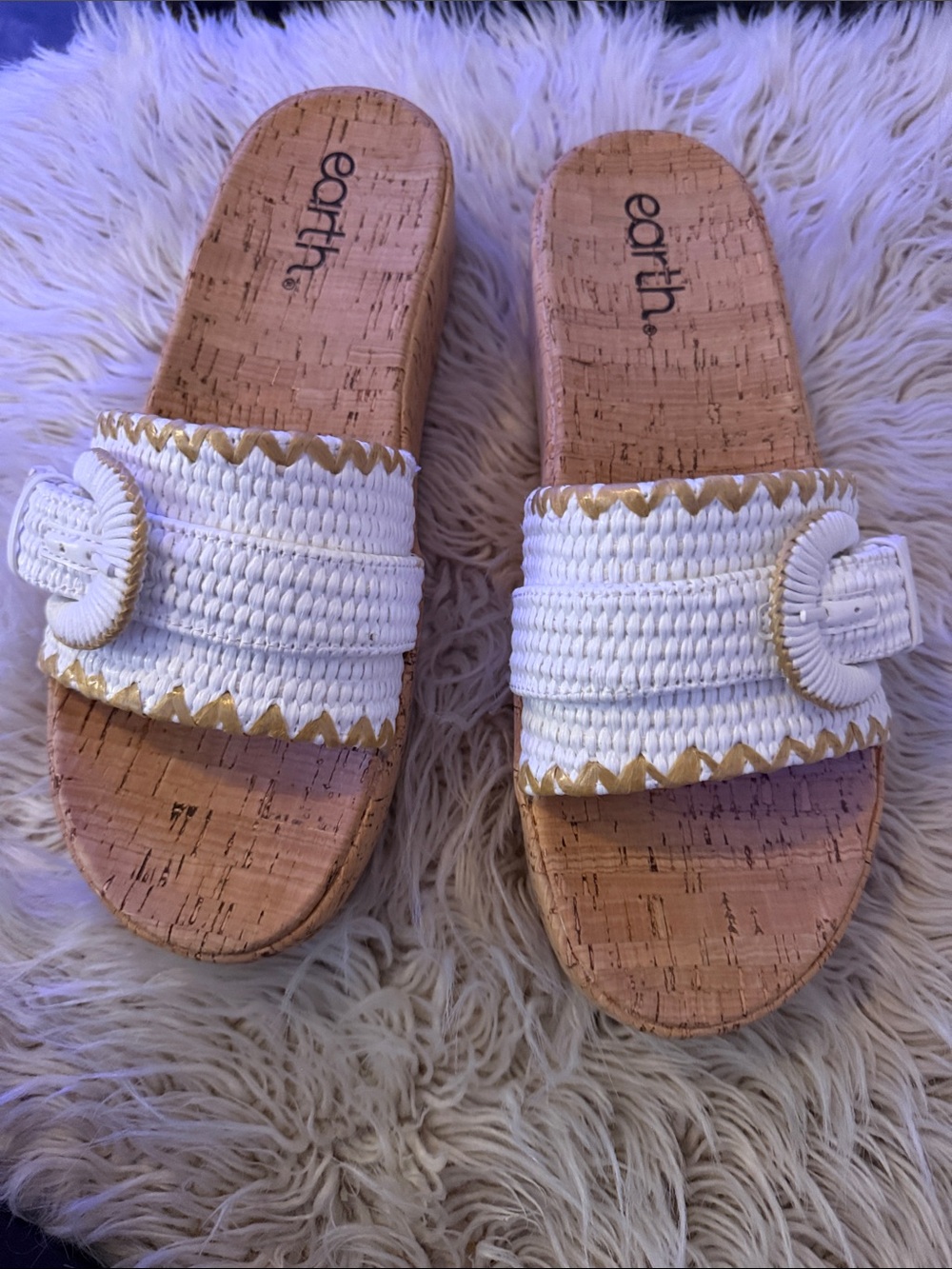 Earth White Woven Slide Sandals with Gold Trim